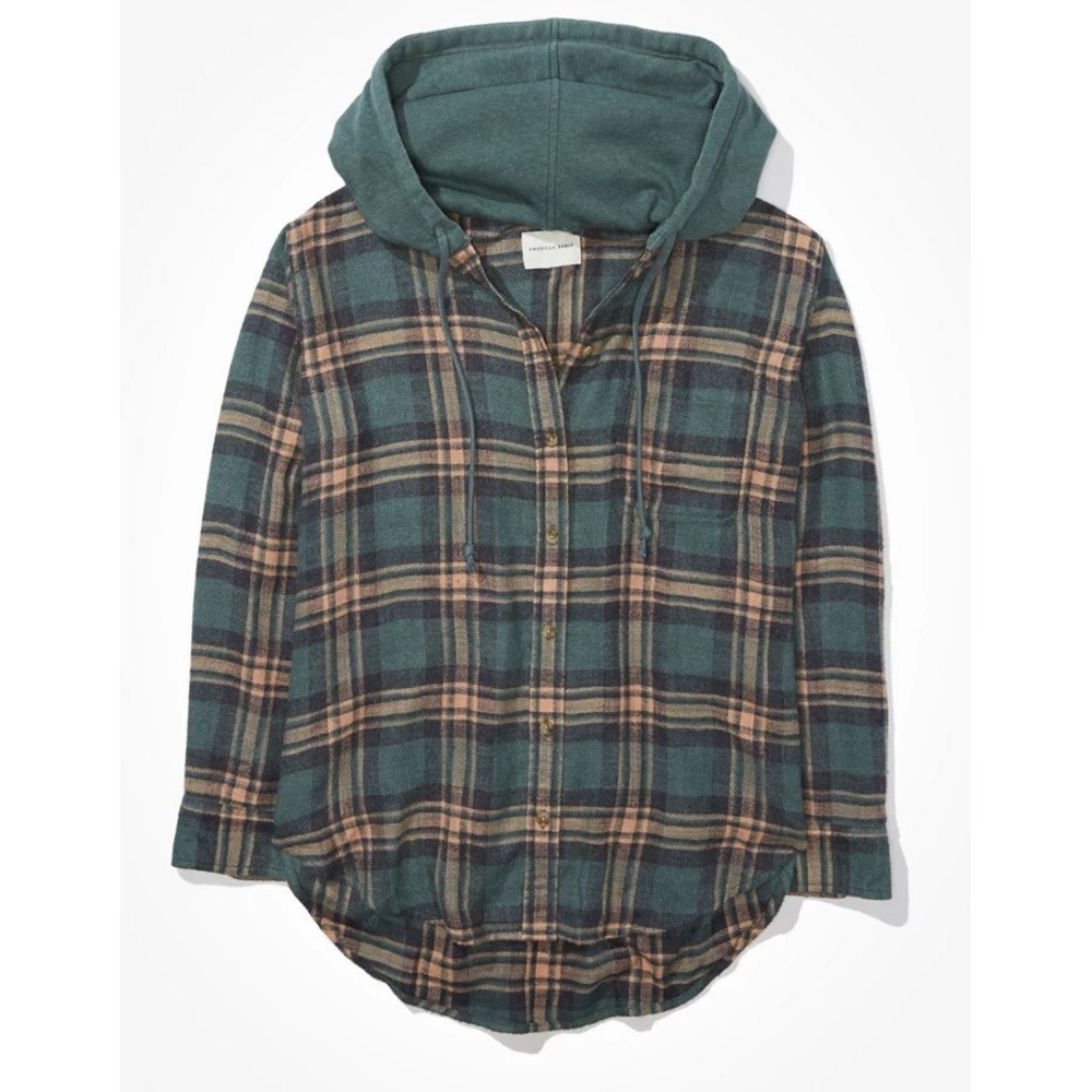 Grunge American Eagle Gorpcore Hooded Flannel Shirt Green Plaid Button Up Large